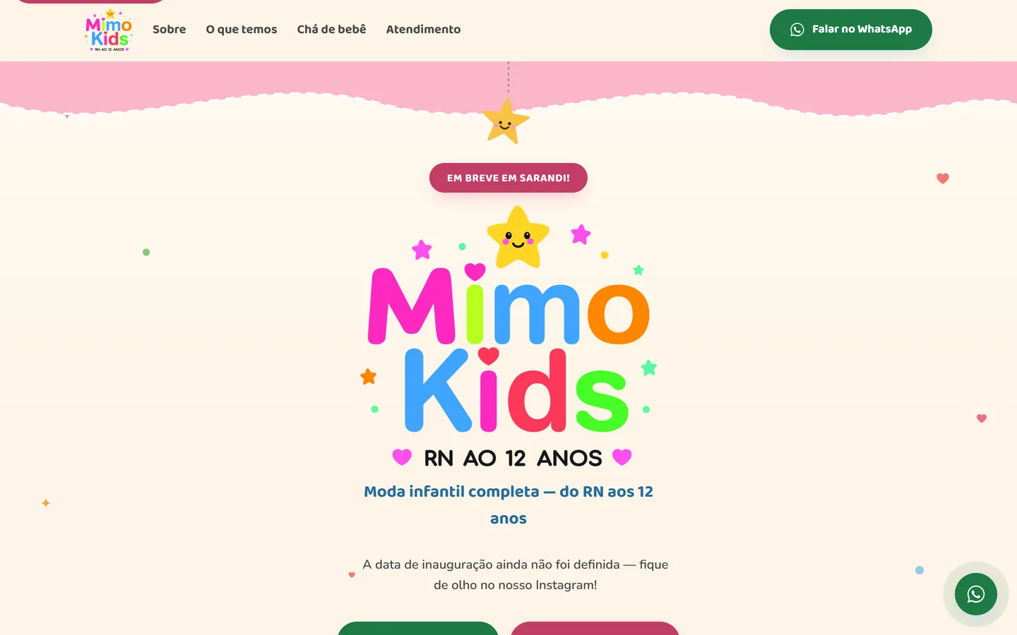Página inicial da Mimo Kids: logo colorida sobre fundo creme, selo "em breve em Sarandi" e botão de WhatsApp.